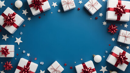 Fototapeta premium Festive border of white gifts and star decorations on blue background