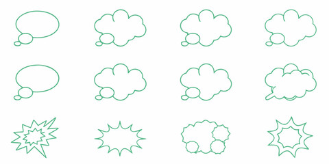 Collection of simple green line art speech bubbles and cloud icons