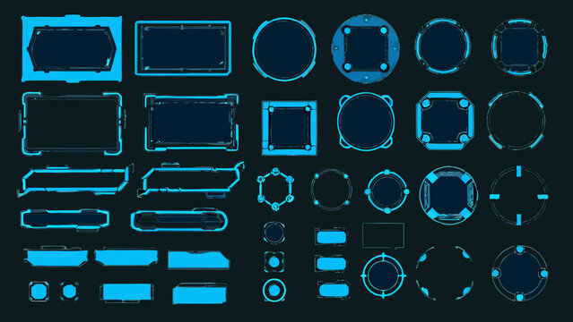 Collection of glowing blue geometric frames and interface elements