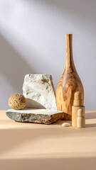 A still life of natural objects stone slab, wooden vase, a small sphere, and a skincare dispenser on a neutral background