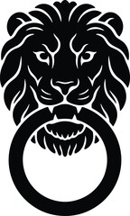 Minimal vector silhouette, antique door knocker shaped like a lion&rsquo;s head, solid black, isolated on white.