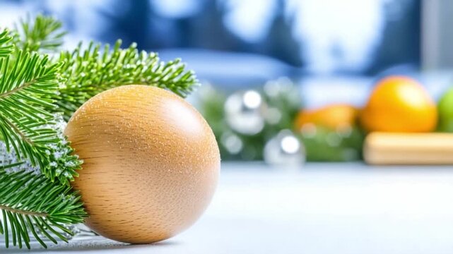 Holiday Ornament and Fruit: A festive still life presents a wooden ornament and fresh fruit with evergreen sprigs, embodying the spirit of the season with natural elegance.
