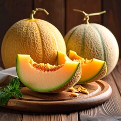 A still-life image featuring two whole cantaloupes, two sliced pieces and some seeds, placed on a wooden board