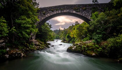 A stone arch bridge spans a fast-flowing river, framed by lush green trees under a cloudy sky. The water's motion is blurred