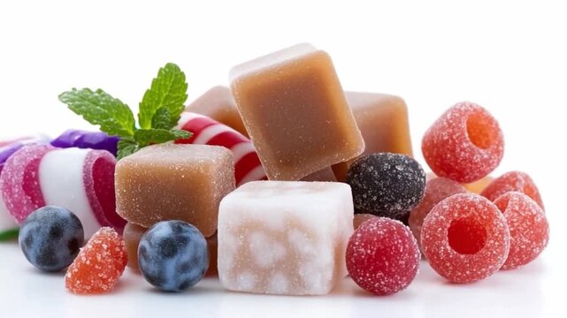 Candy and Berry Delight: A vibrant arrangement of candies and fresh berries, creating a tempting display of sweetness and freshness.