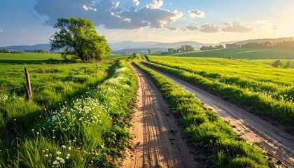 Obraz premium Scenic dirt path through lush green fields at golden hour with lone tree and blue sky
