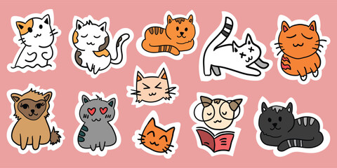 Fototapeta premium A collection of cute cat stickers featuring cats in various colors and expressive facial expressions. This vector illustration set is perfect for stickers, planners, scrapbooking, social media content