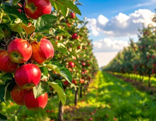 Fototapeta premium A lush orchard with ripe apples hanging from trees under a blue sky