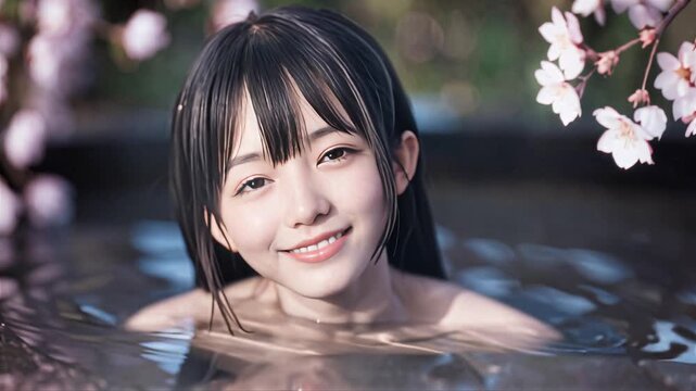 桜の咲く温泉露天風呂に入浴中の若い女性	