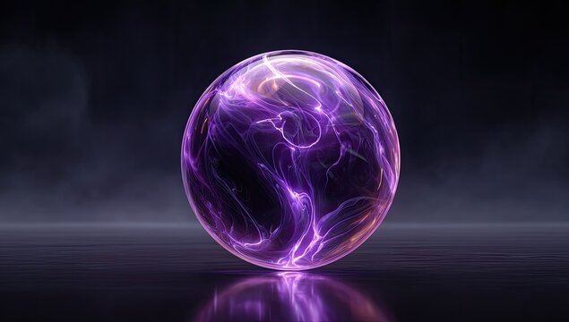 A glowing translucent orb, suffused with electric energy, set against a dark, misty background