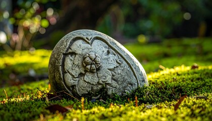 A stone ornament with carved floral design rests among vibrant green moss in a sun-dappled garden. Focus is on the detailed stone