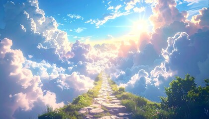 A stone path ascends through fluffy clouds towards a bright sun. Verdant foliage adds depth and a sense of serenity