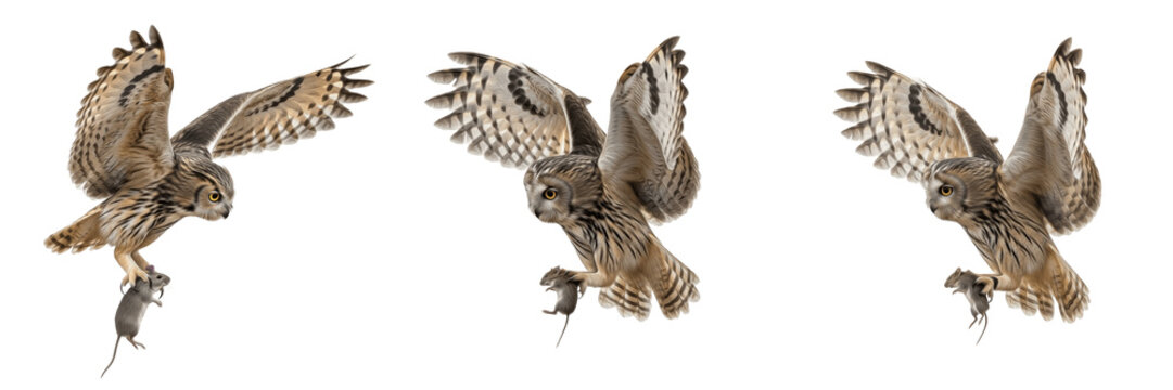 : Great grey owl flying with mouse prey isolated on white background, nocturnal predator set