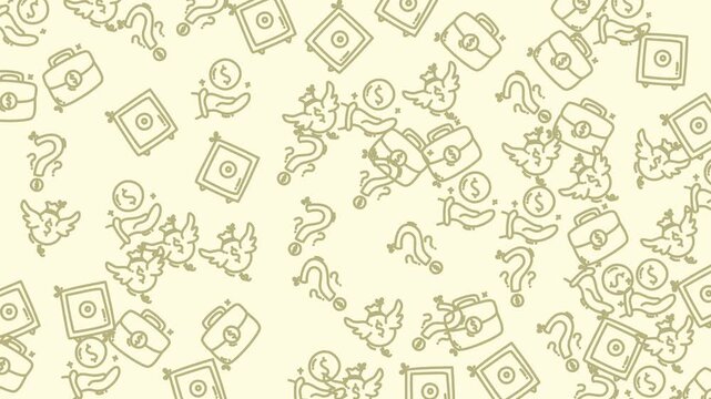 Tan background featuring birds, money, and questions around a briefcase. Suitable for financial and business concept designs. Perfect for presentations and articles.