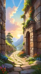 A stone path leads through aged architecture to a sunlit vista of mountains and a flowing river beneath a bright sky