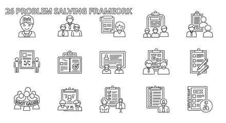 Extensive line art icons depicting a 26-step problem-solving framework, including team collaboration, root cause analysis, and strategic planning, on an isolated white background.