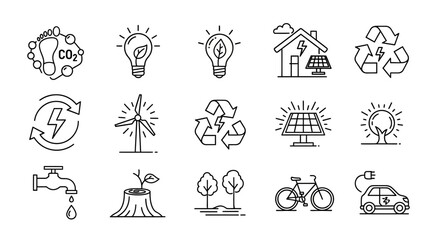 Obraz premium Comprehensive line art icons for carbon footprint, renewable energy, and eco-friendly transportation and smart home concepts on an isolated white background.