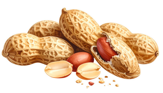 A close-up, digitally rendered image of several peanuts in their shells, some cracked open, and a few loose kernels