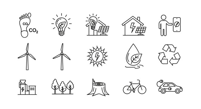 Varied line art icons representing renewable energy, smart home technology, and green transportation, emphasizing sustainable living, on an isolated white background.