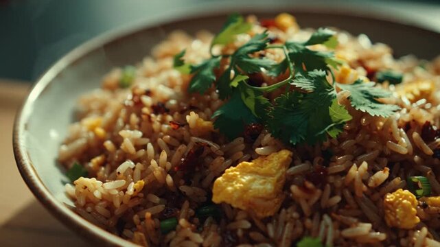 Delicious Fried Rice with Herbs in Ceramic Bowl