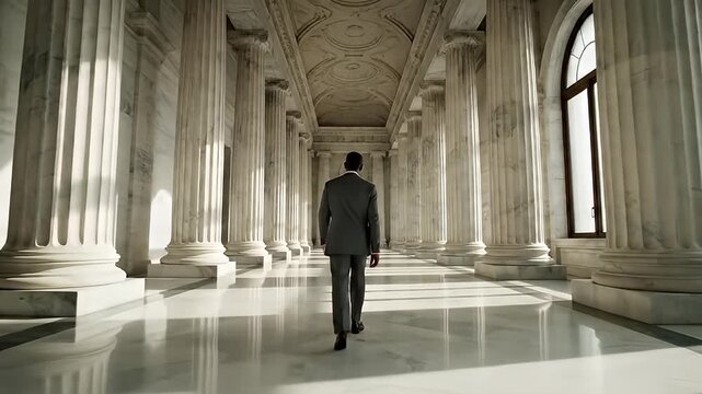 A man in a dark suit walks down a long, grand hallway lined with white marble columns and illuminated by bright sunlight from large windows.
