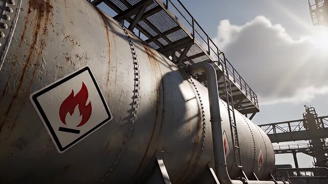A rusty industrial storage tank with a flammable warning sign under a bright sky.