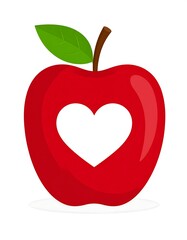 Obraz premium A red apple with a heart-shaped cutout and a green leaf