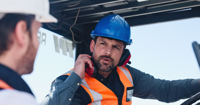 Man, logistics and team with forklifter operator for shipping control, supply chain or safety. Male people, contractor or supplier with vehicle for distribution, export or import transportation