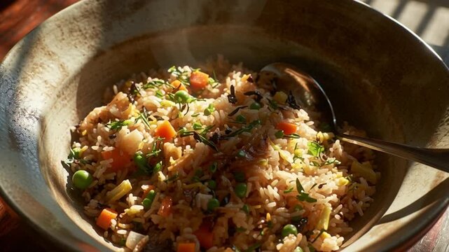 Steaming Hot Vegetable Rice in Ceramic Bowl with Spoon