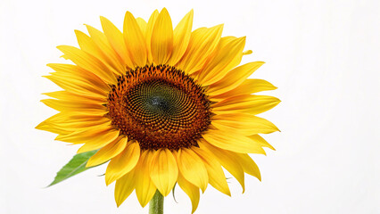 Obraz premium A vibrant, perfectly bloomed yellow sunflower with a detailed brown center, isolated against a crisp, clean white background.