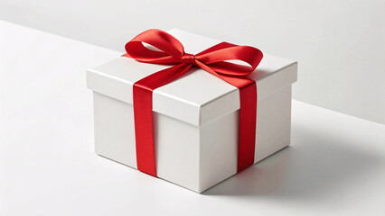 Obraz premium An elegant, plain white gift box tied with a classic, bright red satin ribbon and bow, on a white surface.