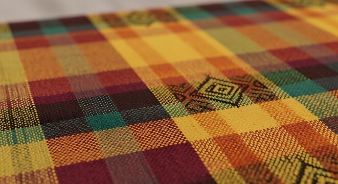 A detailed close-up of a warm-toned plaid fabric featuring intricate geometric patterns woven into its texture.