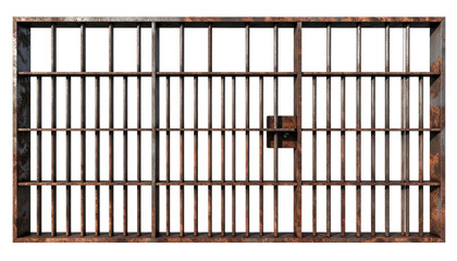 A close-up view of a rusted metal jail cell door. The bars are aged, with visible signs of wear and tear, and a lock