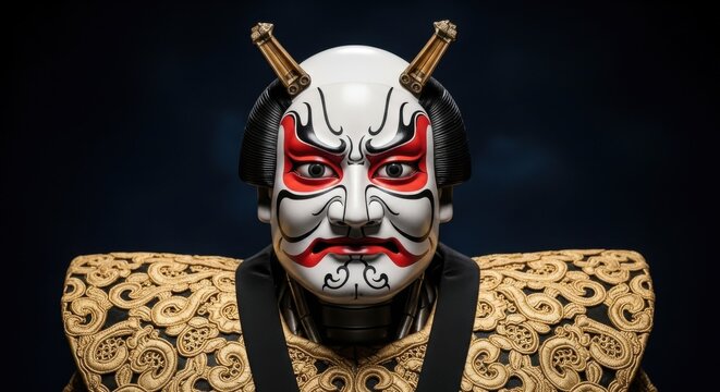 Traditional japanese noh theater mask displaying dramatic facial expression