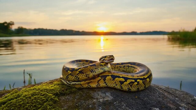 Snake resting on mossy rock at serene lakeside sunset