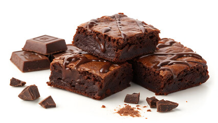 Delicious chocolate brownie chunks isolated on white background food photography