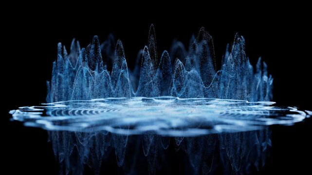Abstract digital sound wave visualization with blue glowing particles and mountain peaks over reflective dark surface