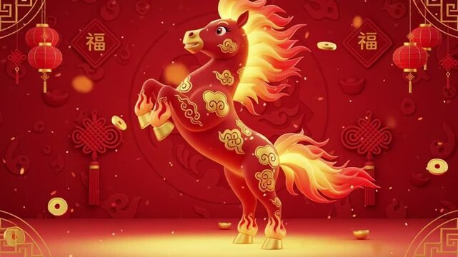 A vibrant illustration of a horse decorated with golden coins and surrounded by red lanterns and Chinese characters on a deep red background,