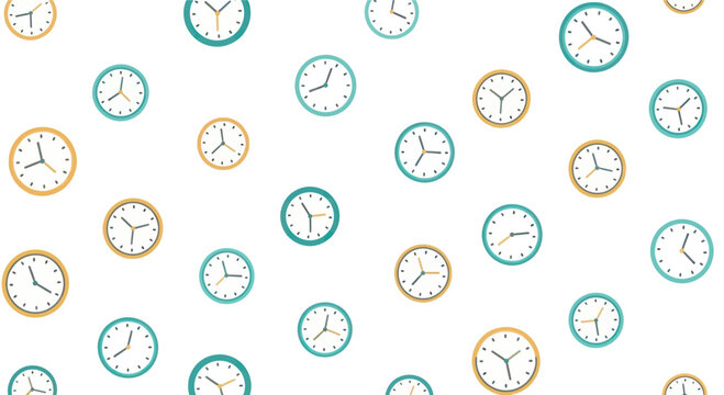 Seamless pattern of various clock faces in different colors and sizes on a white background.