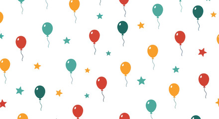 Seamless pattern of colorful balloons and stars on a white background, flat design illustration. © masiku