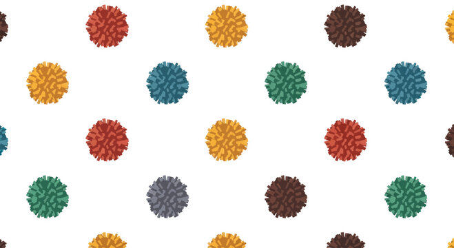 Seamless pattern of colorful pom-poms on a white background