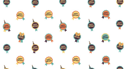 Fototapeta premium Happy Birthday badges with ribbons and party hats arranged in a repeating pattern on a white background.