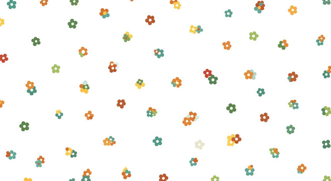 Scattered small colorful flowers motif on white background, flat design vector illustration