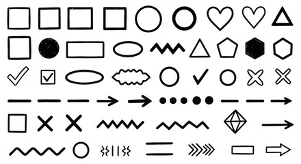 A collection of various hand-drawn geometric shapes, symbols, and line art elements.