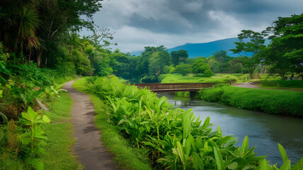 Fototapeta premium Lush tropical landscape with winding dirt path alongside a river and distant mountains under cloudy sky