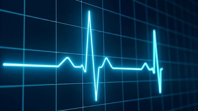 A glowing blue ECG waveform on a dark grid background, representing a heartbeat.