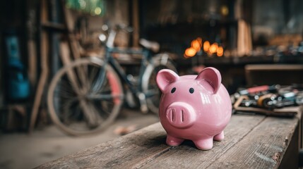 Obraz premium Pink piggy bank on rustic wooden table in workshop, surrounded by vintage tools and bicycle, symbolizing savings, finance, and money management concepts