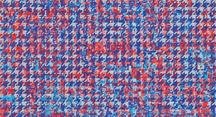Fototapeta premium A striking houndstooth pattern is presented with a distressed texture, featuring a vibrant combination of red and blue colors.