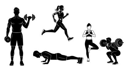 Fototapeta premium Full Body Fitness & Exercise Vector Collection – Black & White Silhouettes