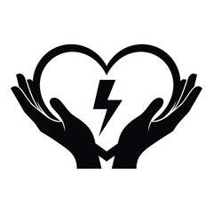Obraz premium Heart symbol with lightning bolt cradled gently in supporting hands representing love and energy on white background. on white background